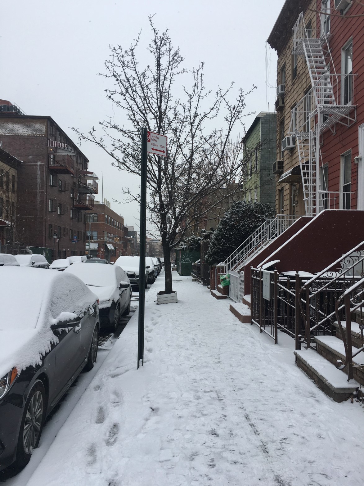 A sidewalk covered in snow. On the left there are snow-covered cars, on the right are multi-storey buildings.